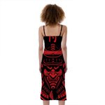 Red Samurai Mask Print Slim Fit Midi Cami Dress