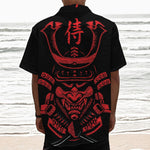 Red Samurai Mask Print Textured Short Sleeve Shirt