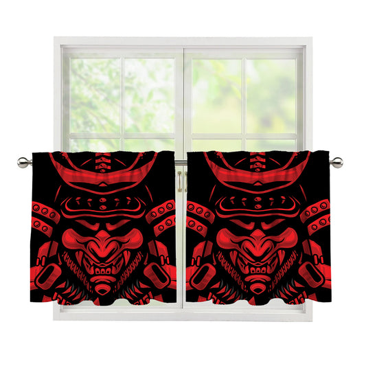 Red Samurai Mask Print Tier Curtains