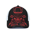 Red Samurai Mask Print White Mesh Trucker Hat
