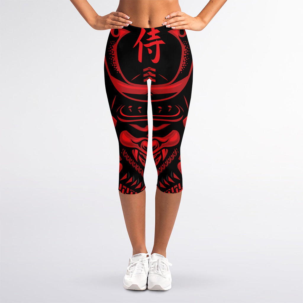 Red Samurai Mask Print Women's Capri Leggings