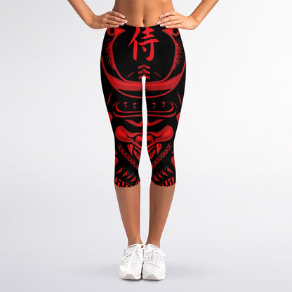 Red Samurai Mask Print Women's Capri Leggings