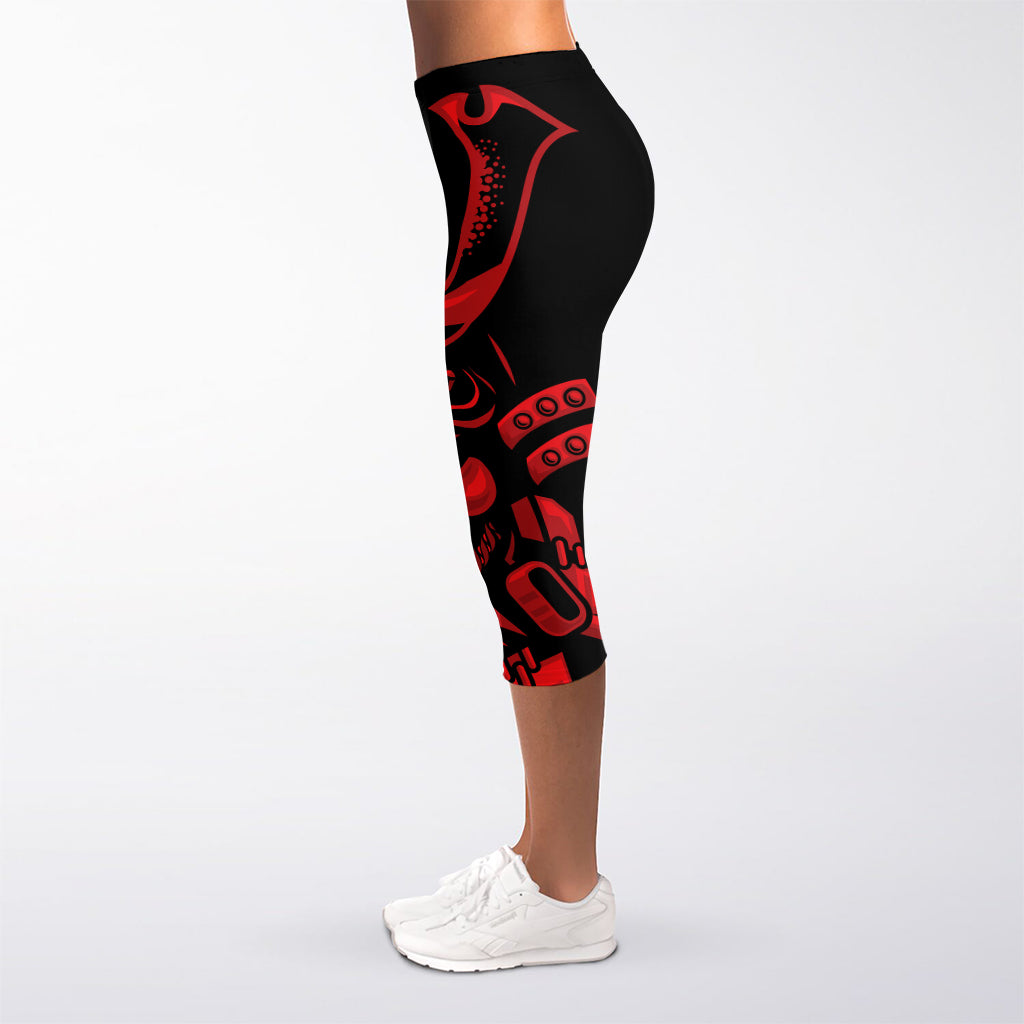 Red Samurai Mask Print Women's Capri Leggings
