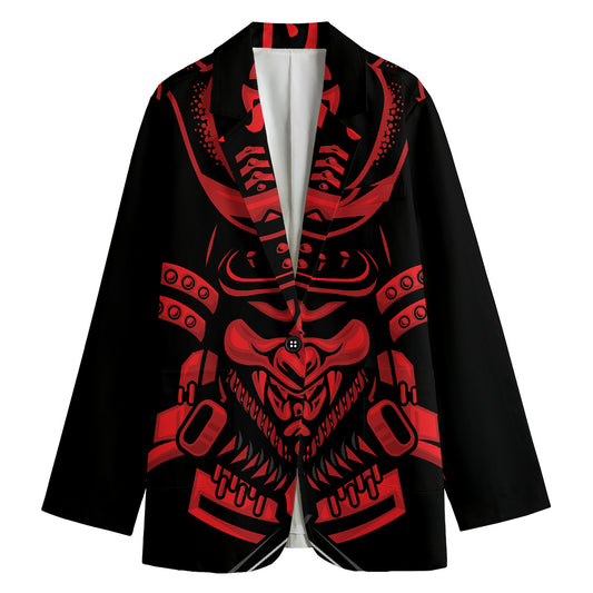 Red Samurai Mask Print Women's Cotton Blazer