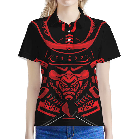 Red Samurai Mask Print Women's Polo Shirt