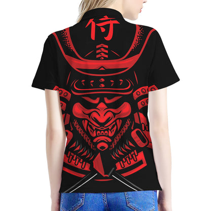 Red Samurai Mask Print Women's Polo Shirt