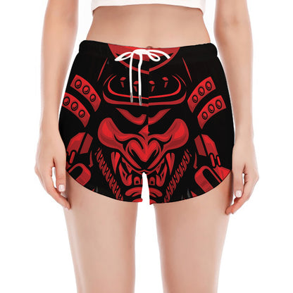 Red Samurai Mask Print Women's Split Running Shorts