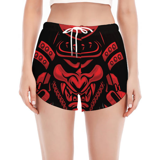 Red Samurai Mask Print Women's Split Running Shorts