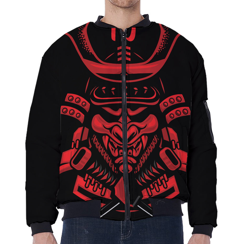 Red Samurai Mask Print Zip Sleeve Bomber Jacket