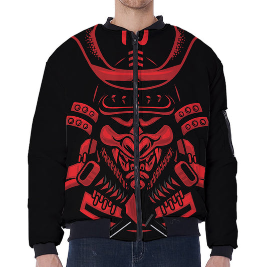 Red Samurai Mask Print Zip Sleeve Bomber Jacket