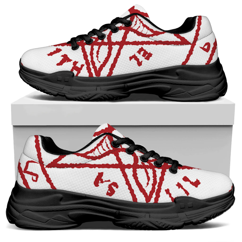 Red Satanic Pentagram Symbol Print Black Chunky Shoes