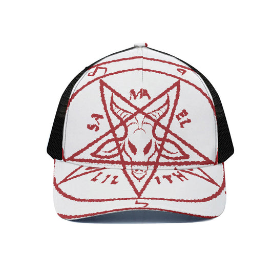 Red Satanic Pentagram Symbol Print Black Mesh Trucker Cap