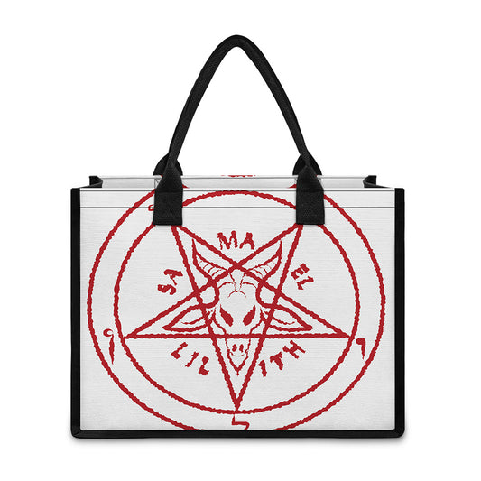 Red Satanic Pentagram Symbol Print Canvas Tote Bag