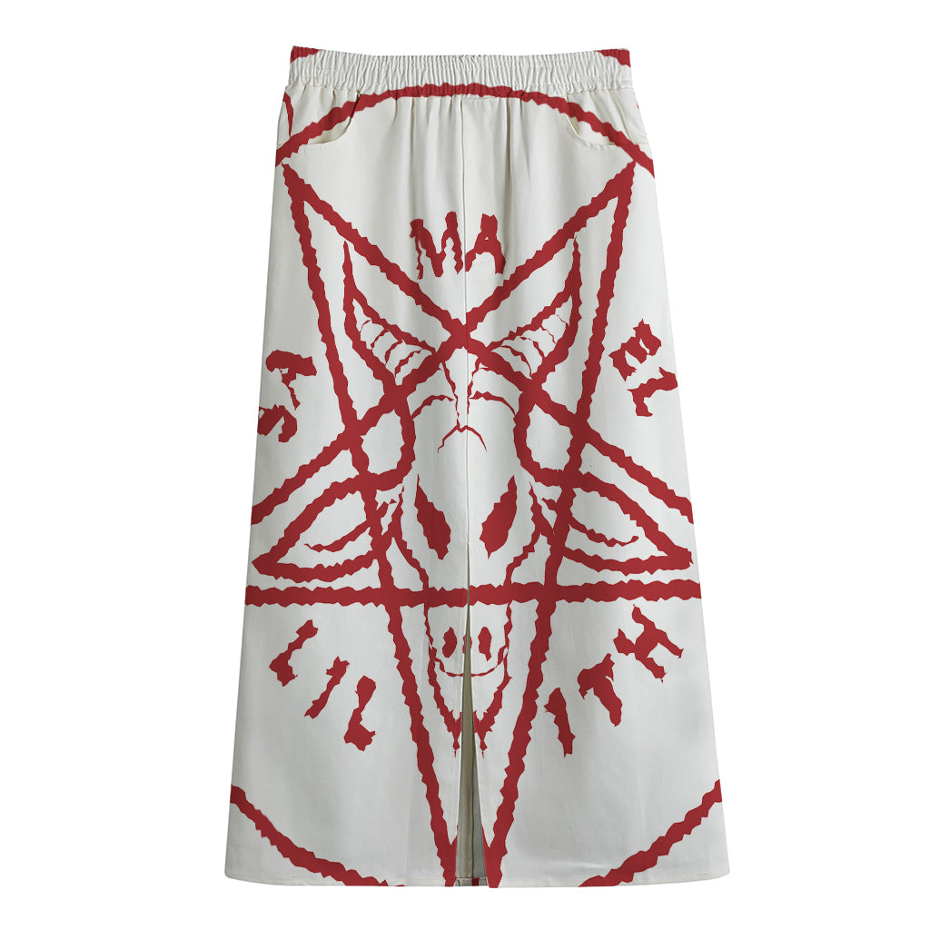 Red Satanic Pentagram Symbol Print Cotton Front Slit Maxi Skirt