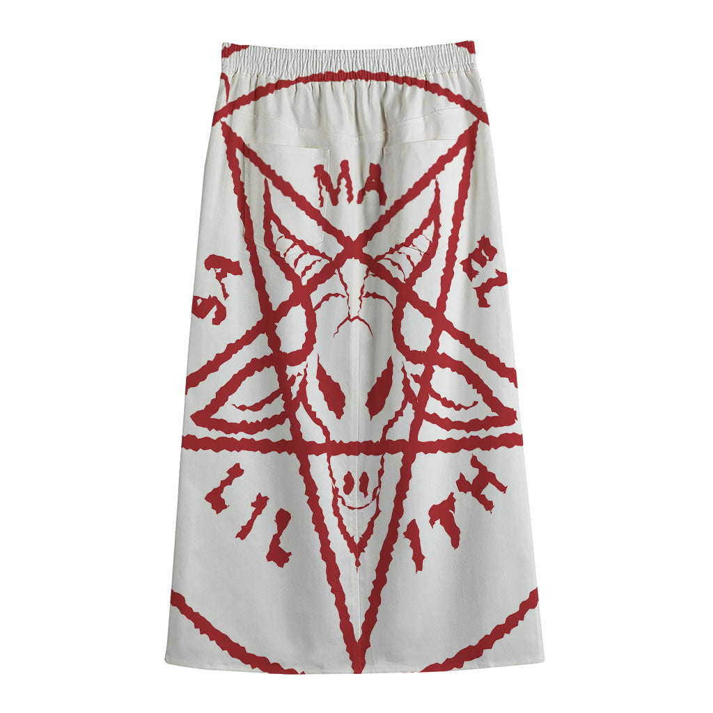 Red Satanic Pentagram Symbol Print Cotton Front Slit Maxi Skirt