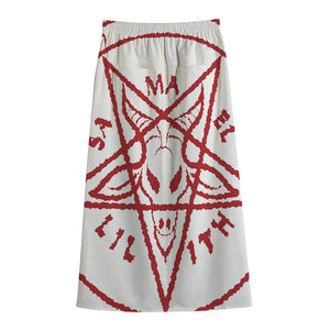 Red Satanic Pentagram Symbol Print Cotton Front Slit Maxi Skirt