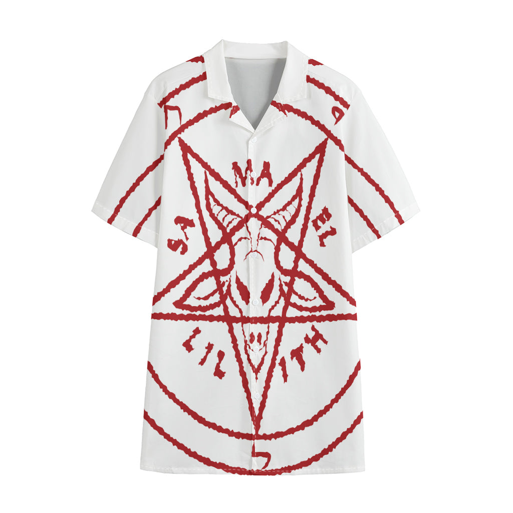 Red Satanic Pentagram Symbol Print Cotton Hawaiian Shirt