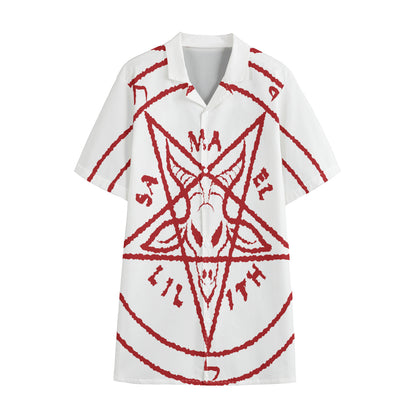 Red Satanic Pentagram Symbol Print Cotton Hawaiian Shirt