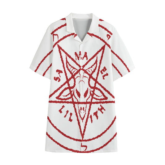 Red Satanic Pentagram Symbol Print Cotton Hawaiian Shirt