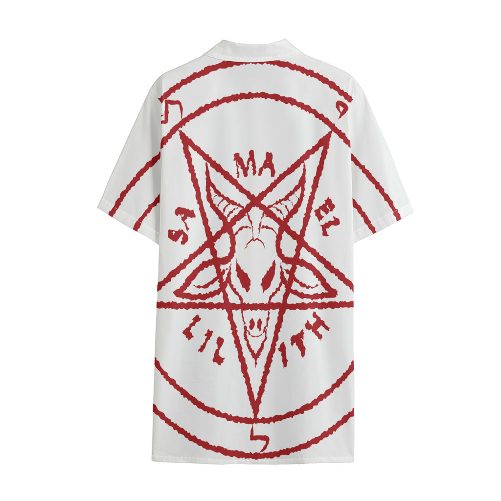 Red Satanic Pentagram Symbol Print Cotton Hawaiian Shirt
