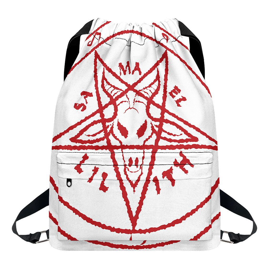 Red Satanic Pentagram Symbol Print Drawstring Backpack