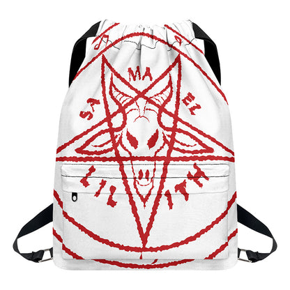 Red Satanic Pentagram Symbol Print Drawstring Backpack