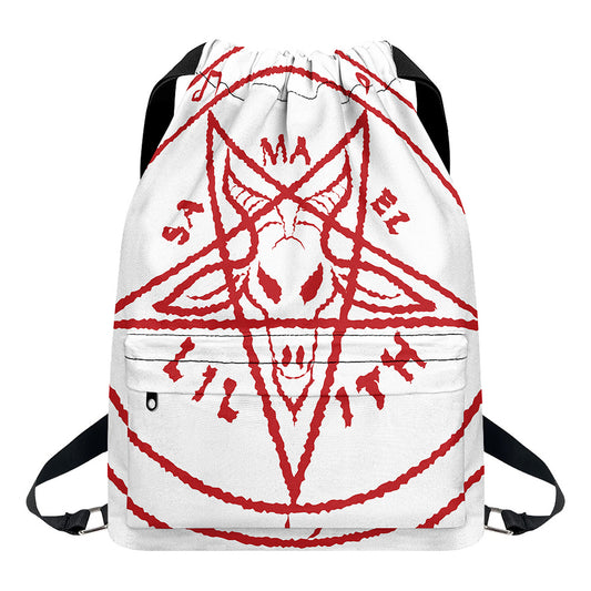 Red Satanic Pentagram Symbol Print Drawstring Backpack