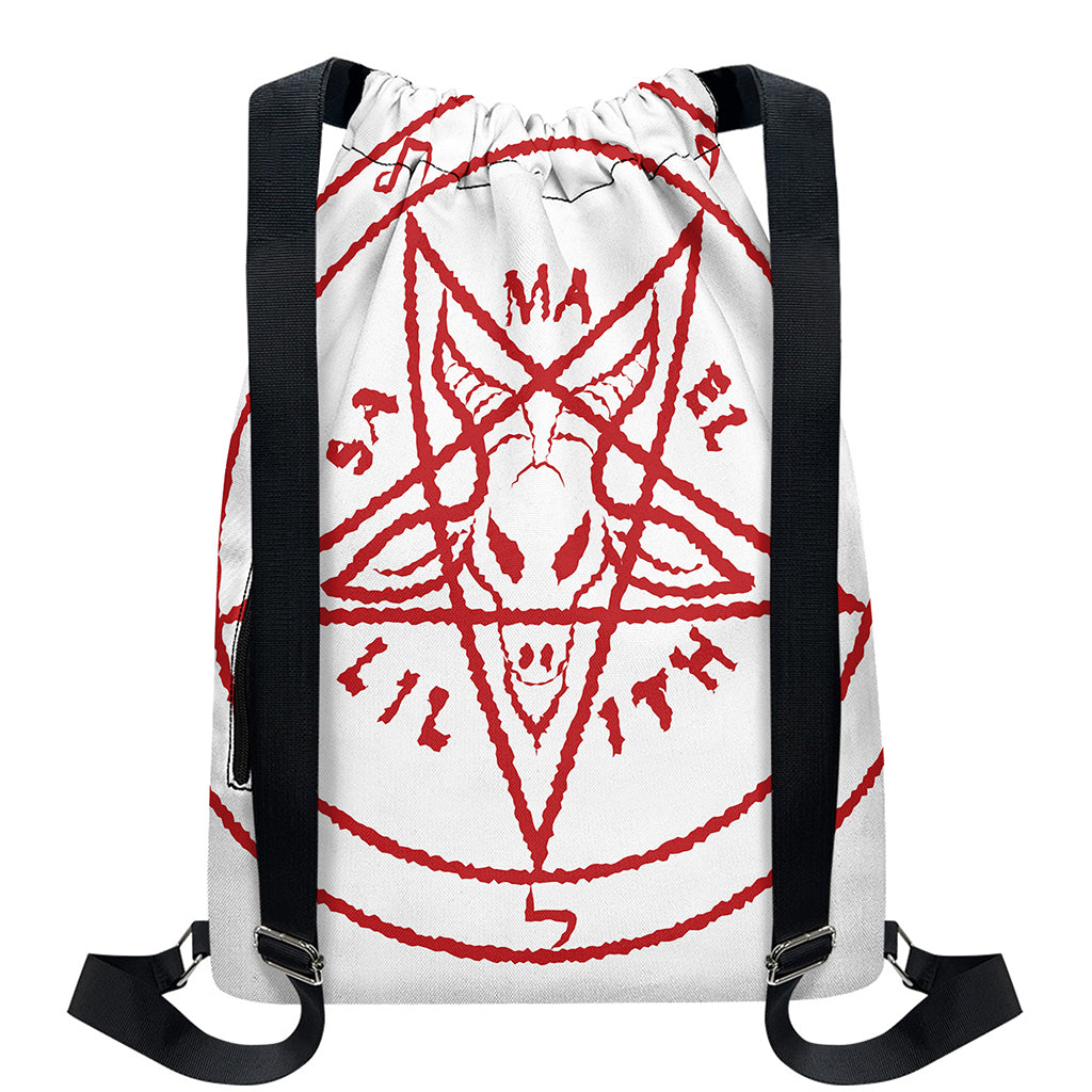 Red Satanic Pentagram Symbol Print Drawstring Backpack