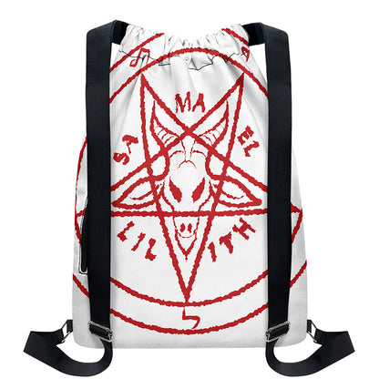 Red Satanic Pentagram Symbol Print Drawstring Backpack