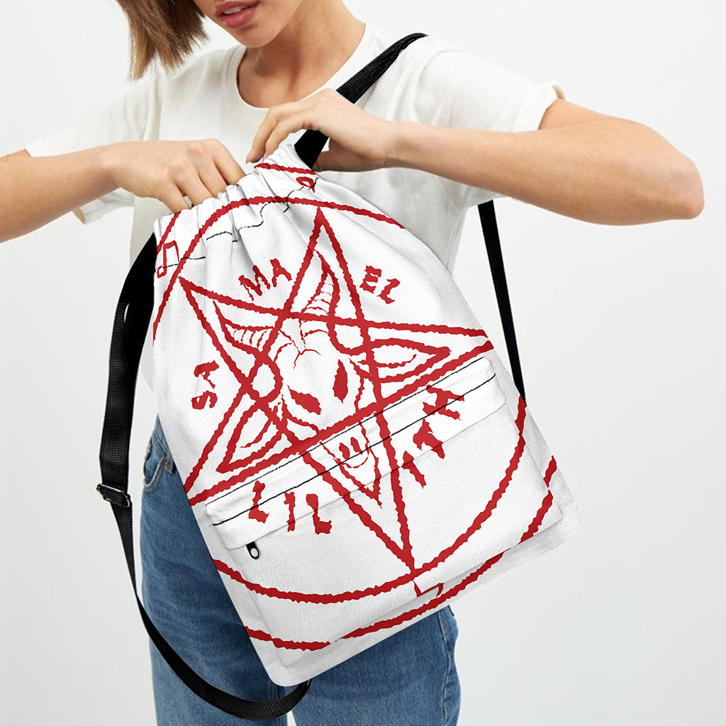 Red Satanic Pentagram Symbol Print Drawstring Backpack