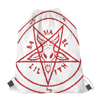 Red Satanic Pentagram Symbol Print Drawstring Bag
