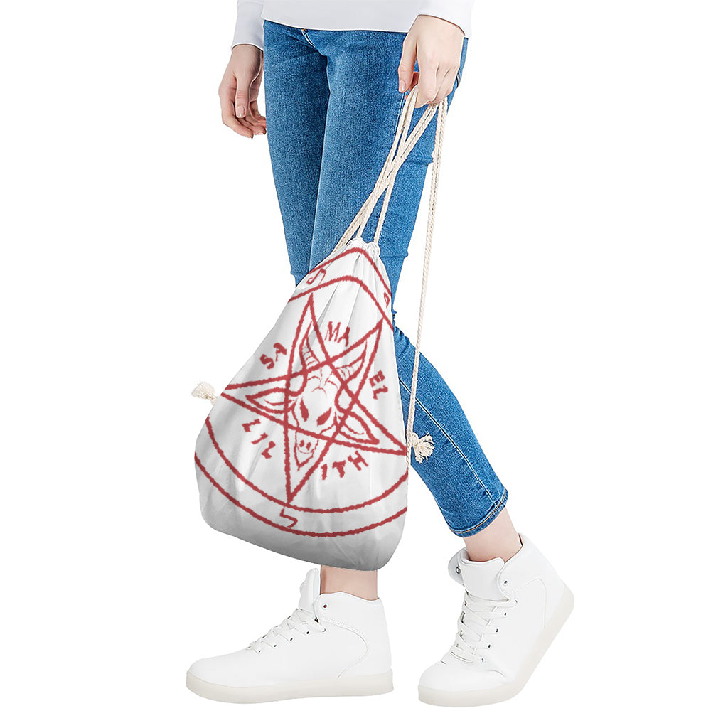 Red Satanic Pentagram Symbol Print Drawstring Bag