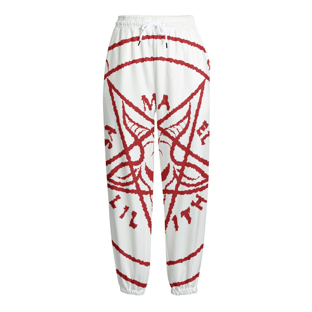 Red Satanic Pentagram Symbol Print Fleece Lined Knit Pants