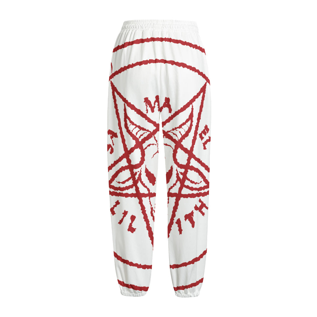 Red Satanic Pentagram Symbol Print Fleece Lined Knit Pants