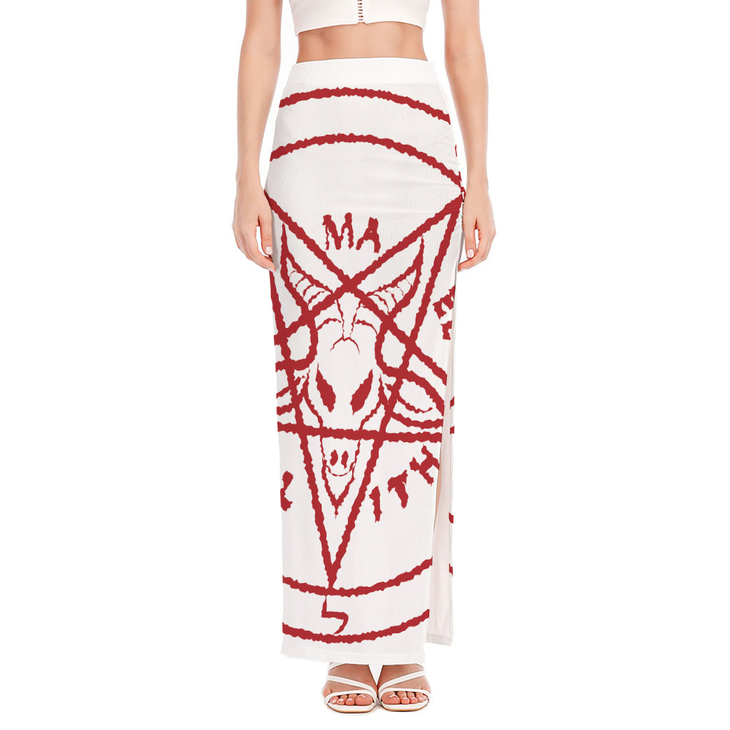 Red Satanic Pentagram Symbol Print High Slit Maxi Skirt