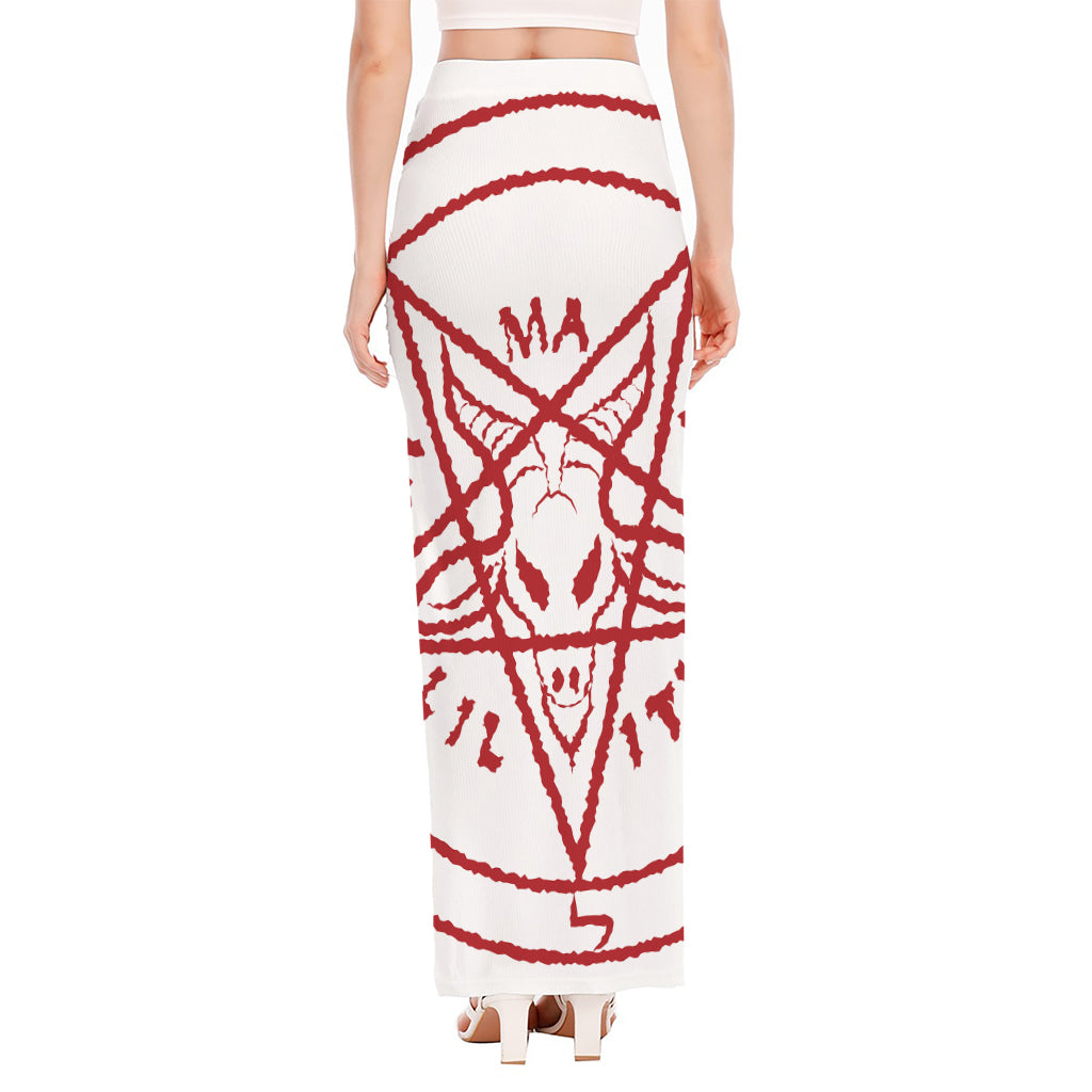 Red Satanic Pentagram Symbol Print High Slit Maxi Skirt