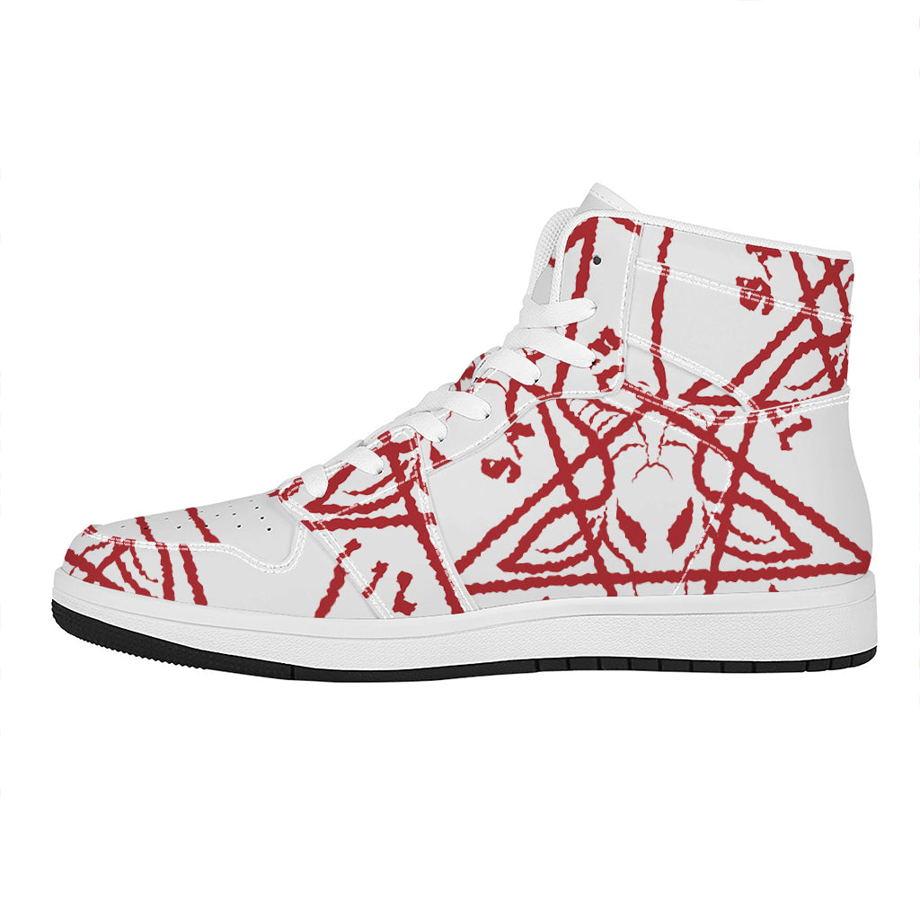 Red Satanic Pentagram Symbol Print High Top Leather Sneakers