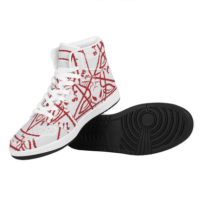 Red Satanic Pentagram Symbol Print High Top Leather Sneakers