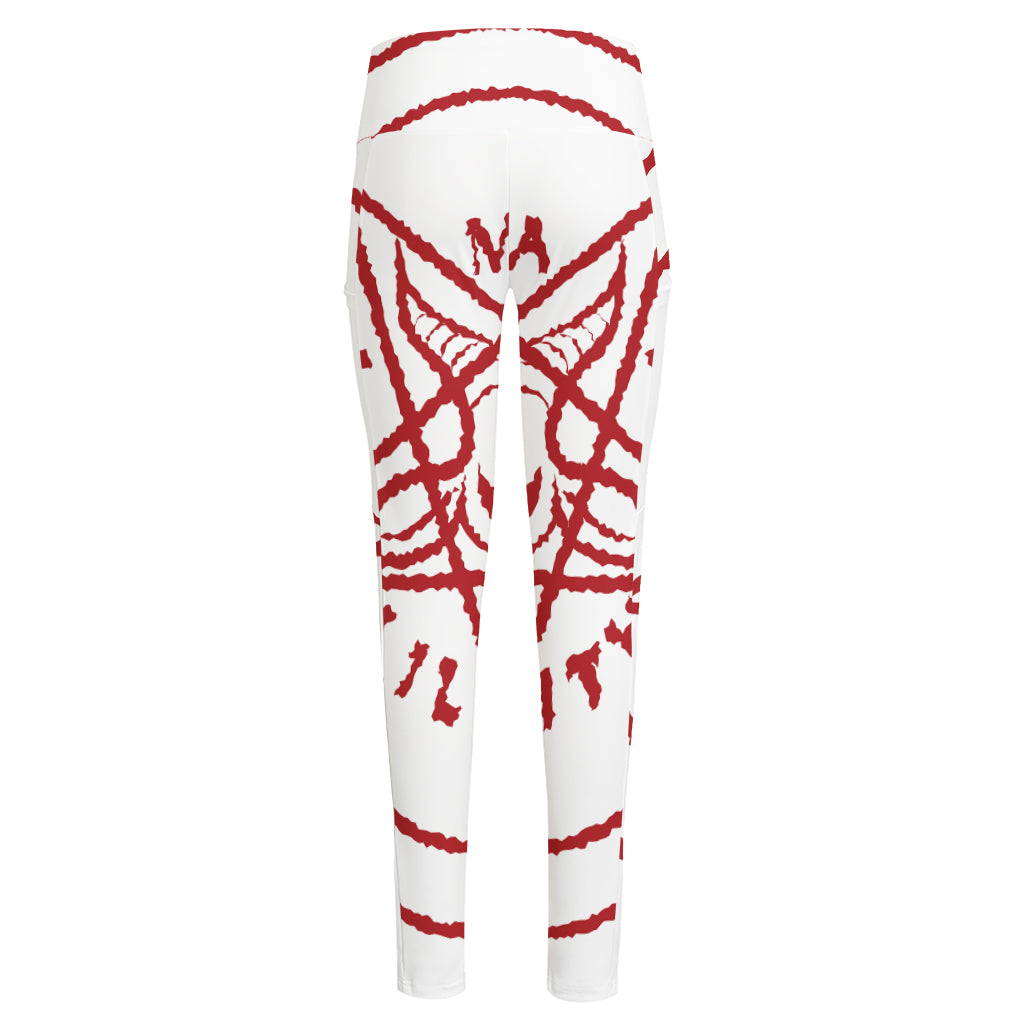 Red Satanic Pentagram Symbol Print High-Waisted Pocket Leggings