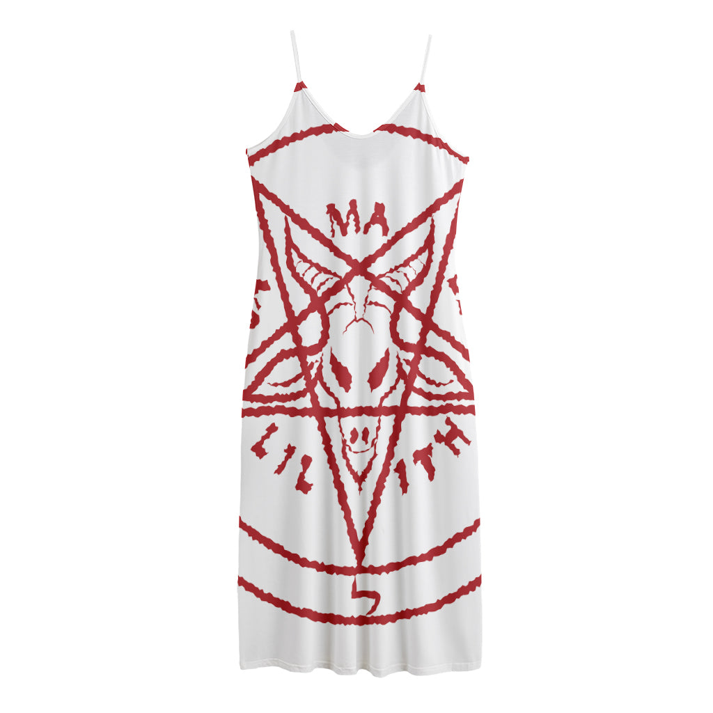 Red Satanic Pentagram Symbol Print Jersey Midi Cami Dress