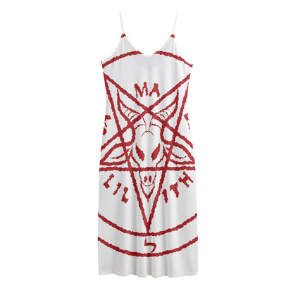 Red Satanic Pentagram Symbol Print Jersey Midi Cami Dress