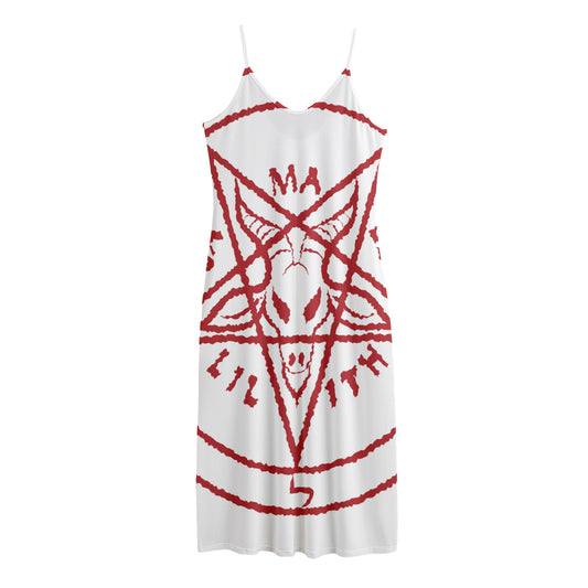 Red Satanic Pentagram Symbol Print Jersey Midi Cami Dress