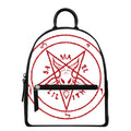 Red Satanic Pentagram Symbol Print Leather Backpack