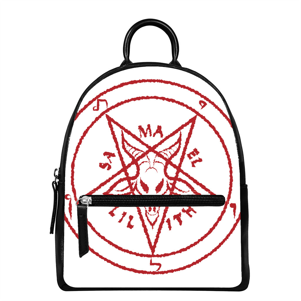 Red Satanic Pentagram Symbol Print Leather Backpack