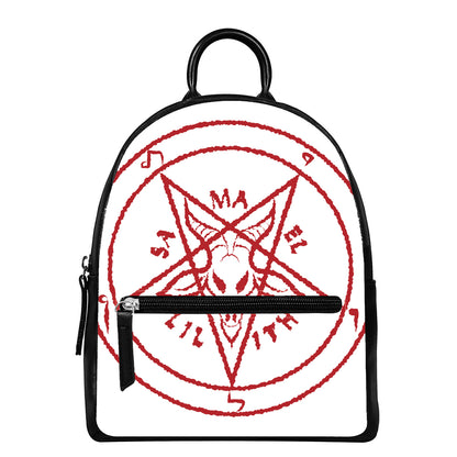 Red Satanic Pentagram Symbol Print Leather Backpack