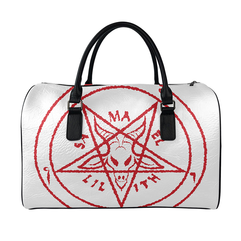 Red Satanic Pentagram Symbol Print Leather Duffle Bag