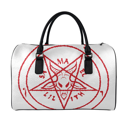 Red Satanic Pentagram Symbol Print Leather Duffle Bag