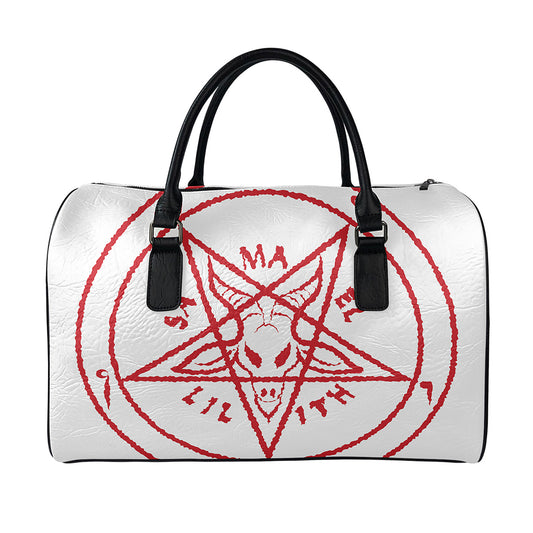 Red Satanic Pentagram Symbol Print Leather Duffle Bag