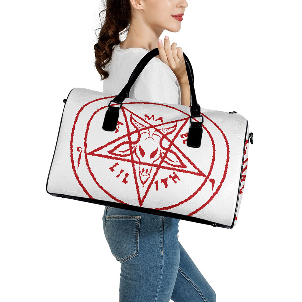 Red Satanic Pentagram Symbol Print Leather Duffle Bag
