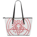 Red Satanic Pentagram Symbol Print Leather Tote Bag With Zipper